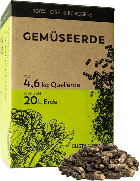 Gusta Garden Logo, Gemüseerde, torffrei und kokosfrei, aus 4,6 Kilogramm Quellerde werden 20 Liter Erde, Pellets vor der Verpackung.
