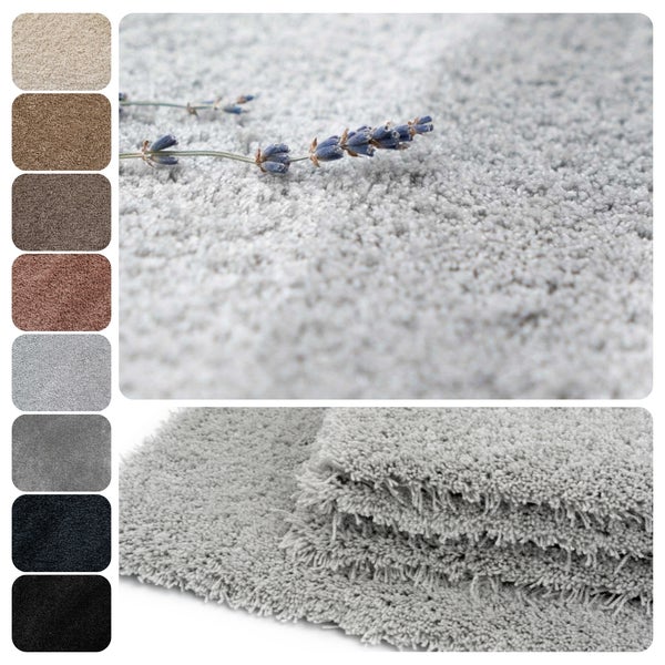 Hochflor-Teppich und Badematte mit weicher Struktur, dargestellt in mehreren Farboptionen und Detailansicht.