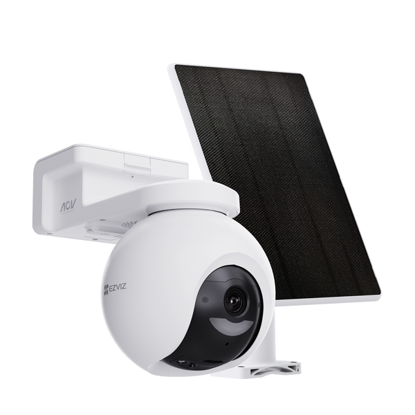 EZVIZ Überwachungskamera mit Solarpanel, schwenkbare WLAN-Außenkamera aus Kunststoff in Weiß und Schwarz.