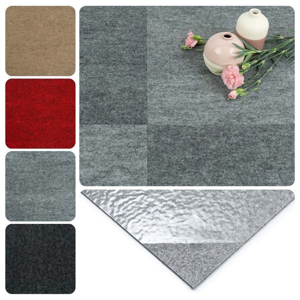 Selbstklebende Teppichfliesen aus Nadelfilz für den Innenbereich, dargestellt mit einer Detailansicht der Kleberückseite und verschiedenen Materialproben.