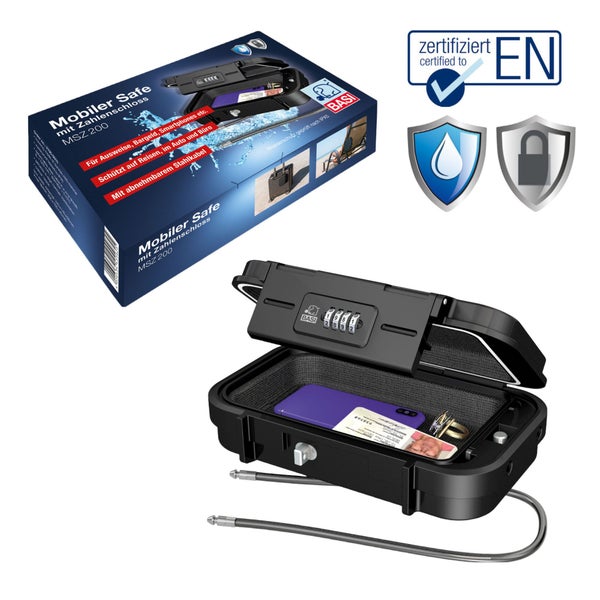 BASI Mobiler Safe MSZ 200 mit einstellbarer 4-stelliger Zahlenkombination Gehäuse aus widerstandsfähigem ABS Material Abnehmbares Stahlkabel mit Vinylschlauch-Ummantelung (L = 540 mm, Stärke = 5 mm) Wasserschutz geprüft nach IPX5 (EN 60529) Schwarz