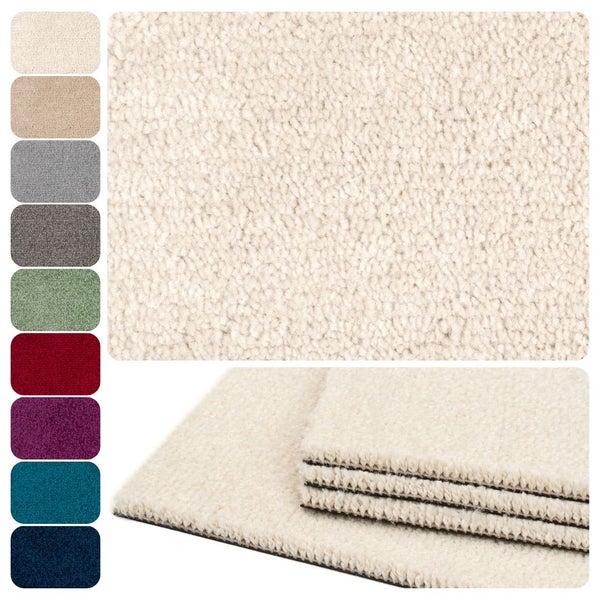 Weicher Hochflor-Teppichboden mit strukturierter Oberfläche, Detailansicht und Stapel mit verschiedenen Farbvarianten.