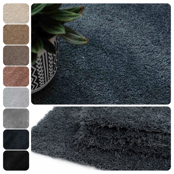 Hochflor-Teppich mit verschiedenen Strukturbeispielen und einer Nahaufnahme der Materialdicke und Fransen.
