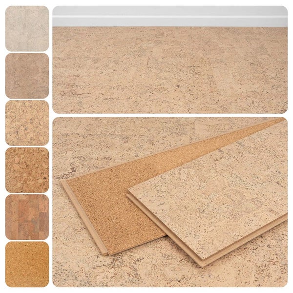 Korkboden mit natürlicher Textur, zeigt verlegte Dielen, einzelne Platten mit Unterseite und verschiedene Oberflächenmuster.
