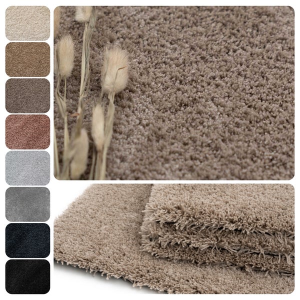 Weicher Hochflor-Teppich mit dichter Textur, erhältlich in verschiedenen Farben wie Beige, Braun, Grau und Schwarz.