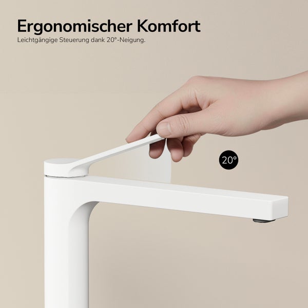Hand bedient den Hebel einer Waschtischarmatur mit einer Neigung von 20 Grad fuer ergonomische Steuerung.