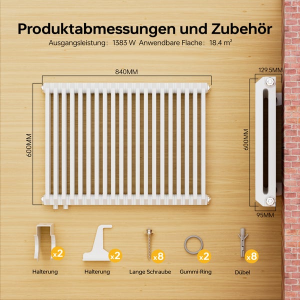 EMKE Designheizkörper 600 x 840 mm, D-Profil Badheizkörper, doppellagig, seitlicher Anschluss, 1383 W Warmwasserleistung, Weiß, für Badezimmer