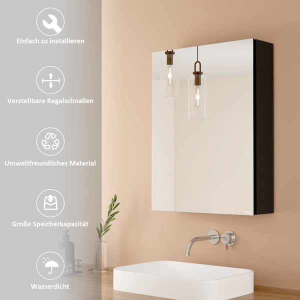 EMKE Spiegelschrank, 1-Türig,  50x65 cm, Badschrank mit doppelseitigen Spiegeltüren, schwarz