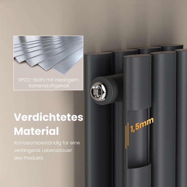 EMKE Badheizkörper 600×240 mm, Designheizkörper, Vertikal, Doppelrohr oval, 248 W, Matt Schwarz, für Warmwasserbetrieb, für Bad, Zentralanschluss
