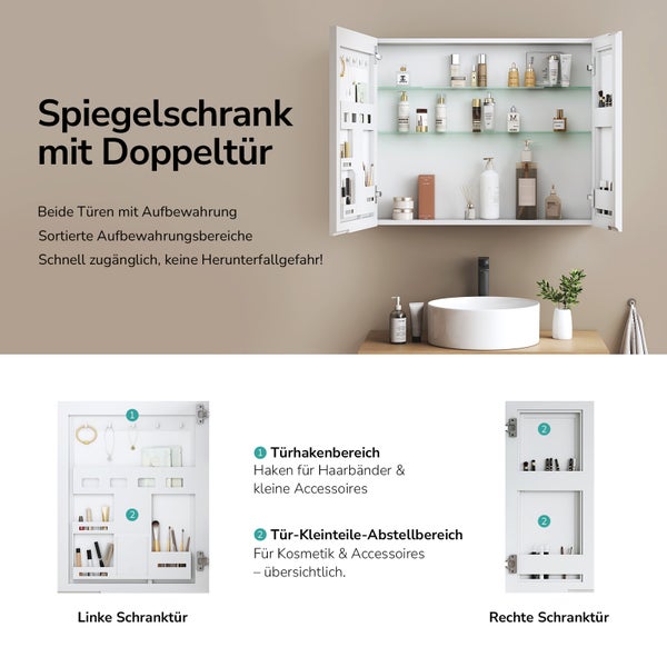 Spiegelschrank mit Doppeltür zur Aufbewahrung von Kosmetikartikeln und Badutensilien.