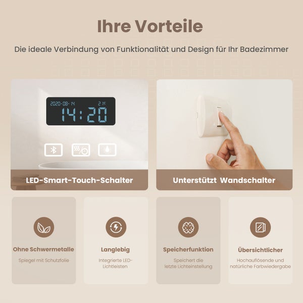 Infografik zu den Vorteilen eines Badezimmerspiegels mit LED Beleuchtung Touch Steuerung Wandhalterunterstützung und weiteren technischen Details