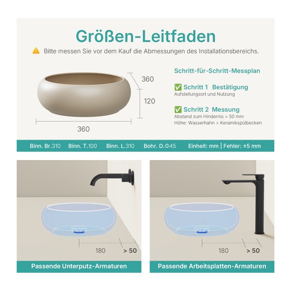 Größenleitfaden für ein Keramikwaschbecken mit Maßangaben für Innenbreite, -tiefe und -länge, sowie Bohrdurchmesser und empfohlene Armaturen
