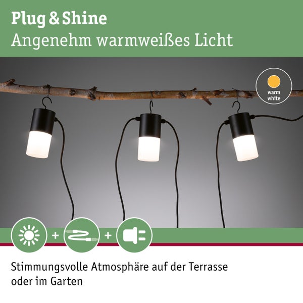 Plug and Shine Lichterkette mit warmweissem Licht für Terrasse oder Garten.