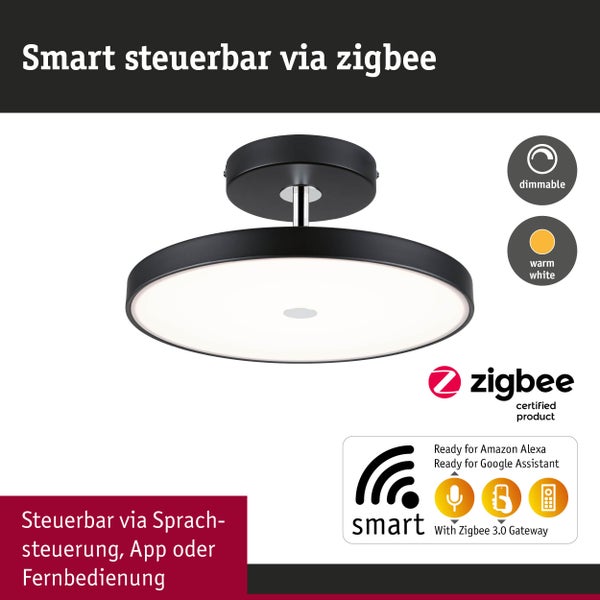Runde LED-Deckenleuchte, smart steuerbar über Zigbee, dimmbar, warmweiß, kompatibel mit Amazon Alexa und Google Assistant.