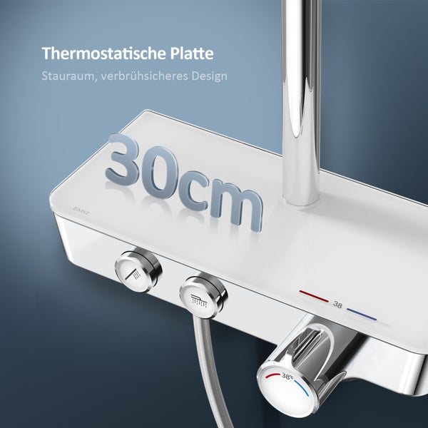 EMKE Duschsystem mit Thermostat, Wasserfall-Überkopfbrause, Handbrause mit 3 Strahlarten, Glasablage, 38 °C Wohlfühltemperatur, KTW-zertifiziert, 1142 x 303 x 460 mm, Chrom