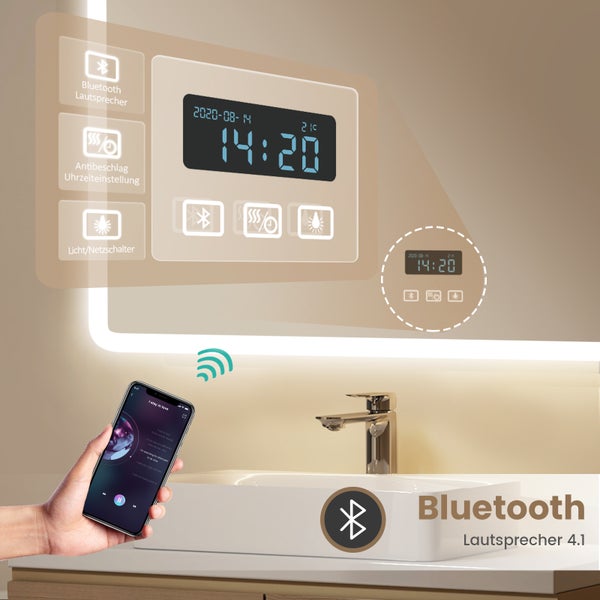 Badezimmerszene mit Spiegel, Bluetooth-Lautsprecher, Uhrzeitanzeige und Smartphone