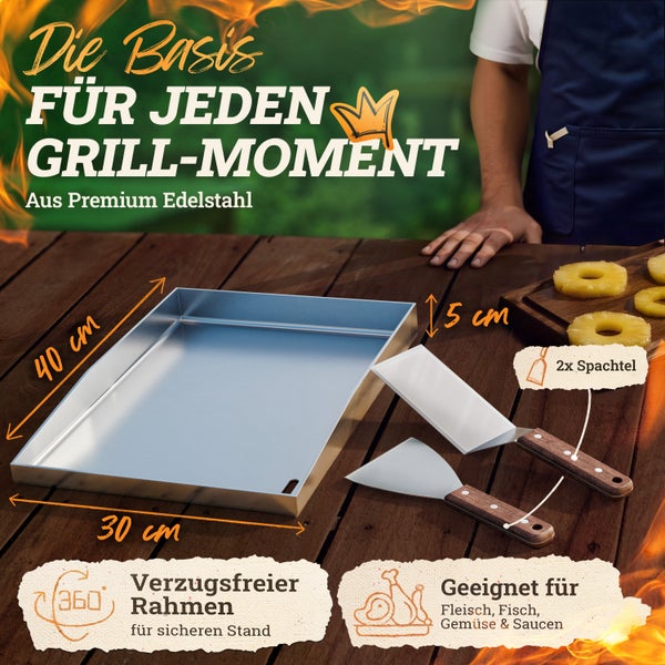 LIKAYA Plancha Edelstahl Grillplatte [30x40cm] – Verzugsfreier 4mm Edelstahl inkl 2x Grillspachtel mit FSC-Akazienholzgriff – Perfekt für Smash Burger, Gemüse & mehr!
