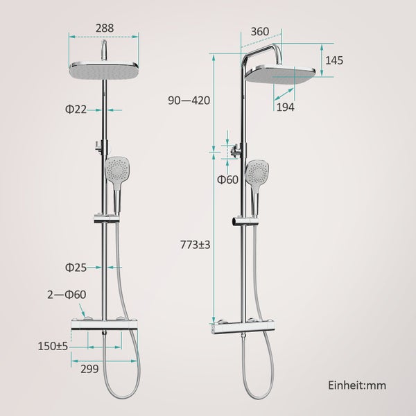 EMKE Thermostat-Duschsystem mit Brausegarnitur, Umsteller, Regendusche Ø 30 cm, Handbrause mit 3 Strahlarten, verchromt
