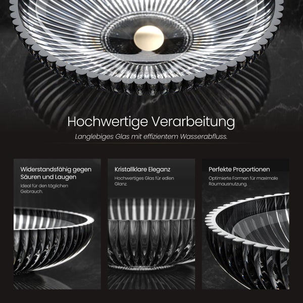 Glasschale mit hochwertiger Verarbeitung, resistent gegen Säuren und Laugen, kristallklar, elegante und perfekte Proportionen.