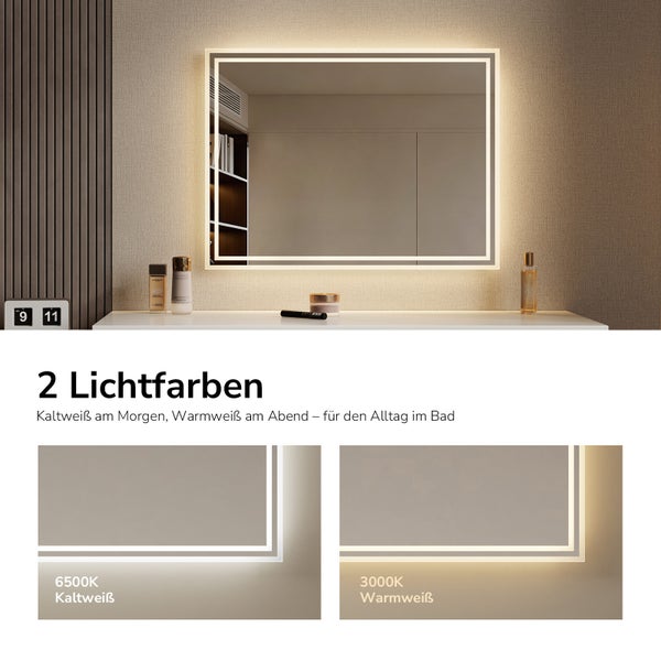 Rechteckiger Badezimmerspiegel mit LED Beleuchtung und einstellbaren Lichtfarben von 3000 Kelvin Warmweiß bis 6500 Kelvin Kaltweiß.