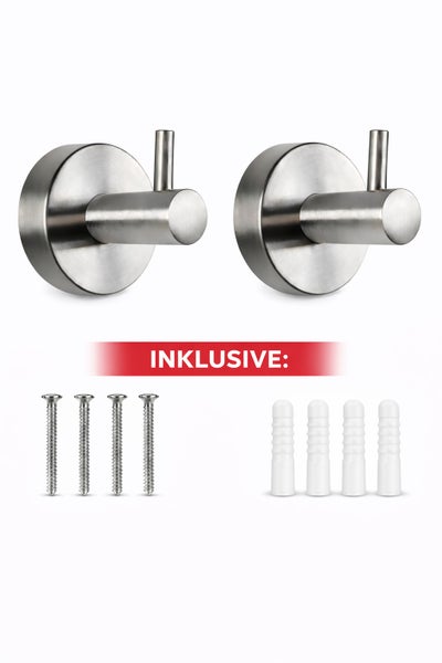 Set aus zwei Wandhaken aus Edelstahl inklusive vier Schrauben und vier Dübeln.