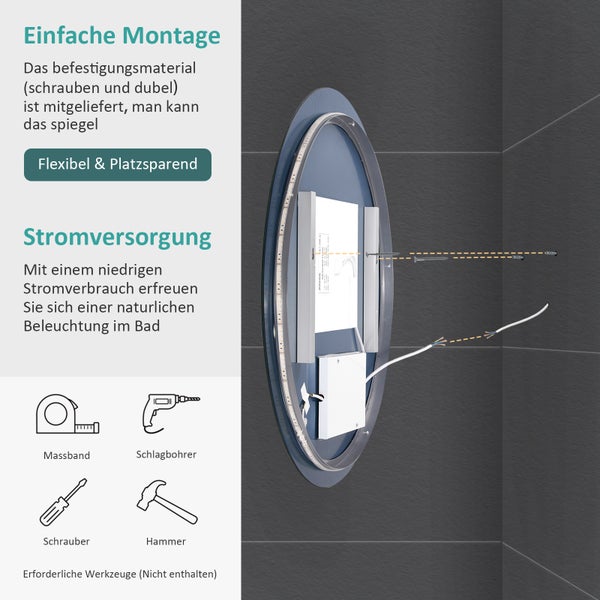 Montage eines Badspiegels mit Beleuchtung und benötigtem Werkzeug