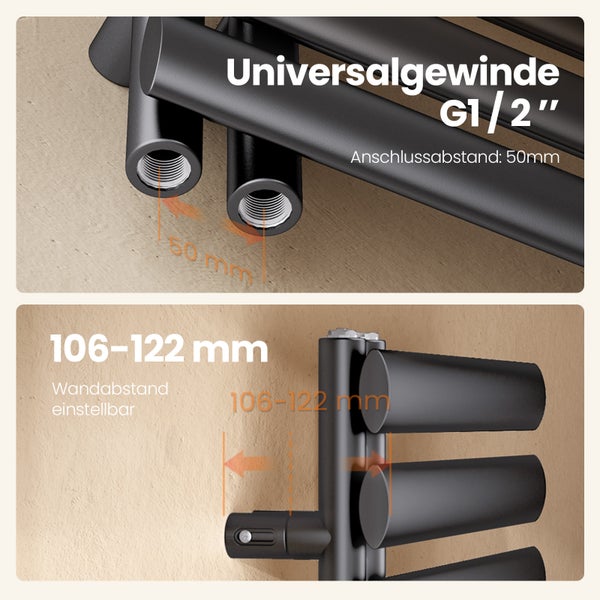 Detailansicht eines Heizkörpers mit Informationen zum Universalgewinde, dem Anschlussabstand von 50 mm und dem einstellbaren Wandabstand von 106 bis 122 mm.