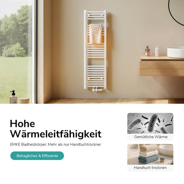 Weißer Handtuchwärmer im hellen Badezimmer