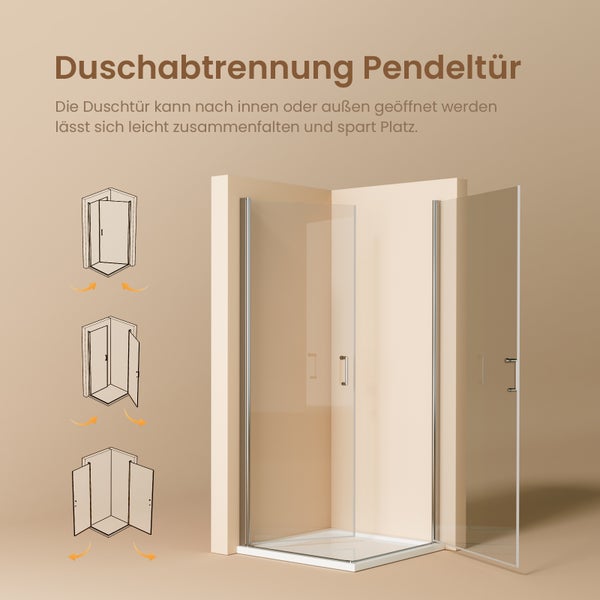 EMKE Eckdusche Duschkabine Eckeinstieg Pendeltür 75 x 90 cm, Duschabtrennung Schwingtür, 6mm ESG Glas, 195 cm