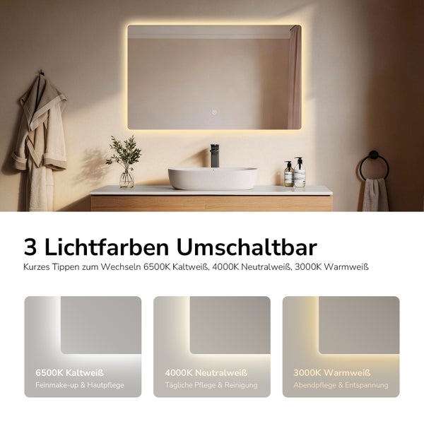 Badezimmer mit beleuchtetem Spiegel, Waschbecken und Accessoires. Drei Lichtfarben umschaltbar: kaltweiß, neutralweiß und warmweiß.