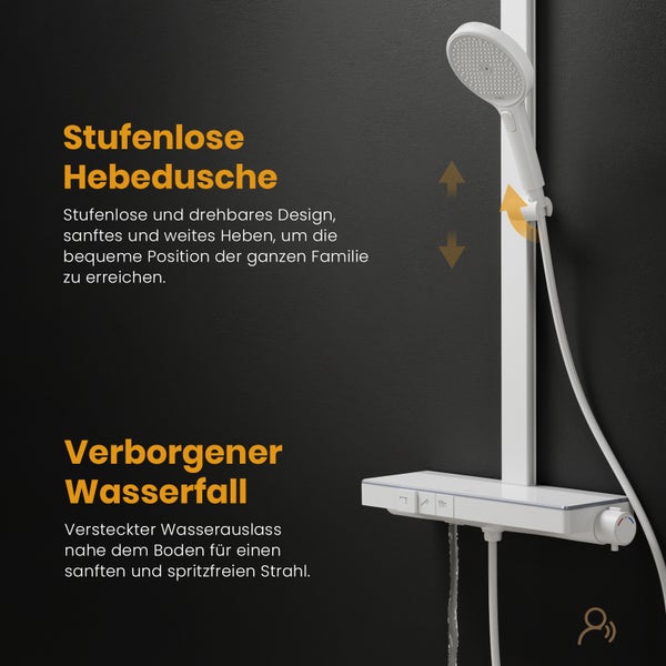 EMKE Duschsystem mit Thermostat, Mattweiß, Duscharmatur-Komplettset, 3-Strahlarten-Duschkopf, Temperatur-LED-Display, Chlorfilter, mit 40 cm Ablagearmatur, für Badezimmer