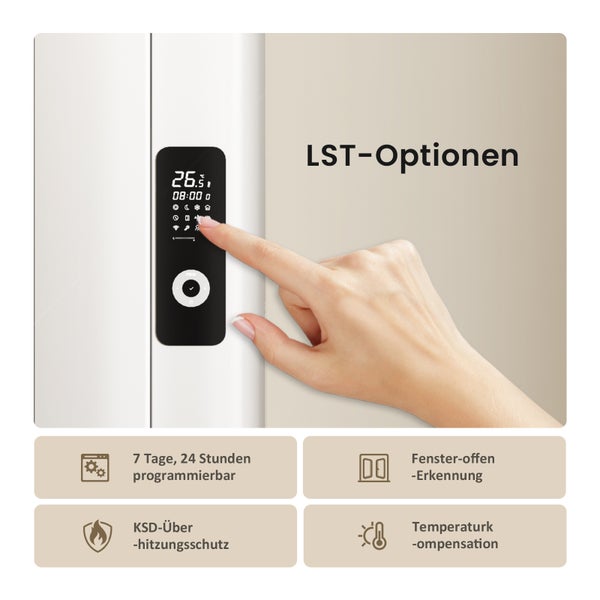 LST-Optionen: Anzeige mit 7-Tage-, 24-Stunden-Programmierung, Fenster offen Erkennung, KSD-Überhitzungsschutz und Temperaturkompensation