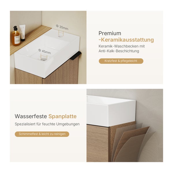 Waschtischunterschrank mit Keramikwaschbecken, wasserfester Spanplatte und den Durchmessern für Armatur und Ablaufgarnitur