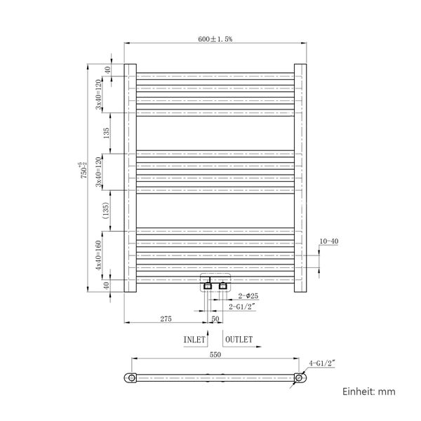 EMKE Badheizkörper 750x600 mm Handtuchheizkörper Horizontal Heizkörper Röhrenheizkörper , Handtuchwärmer Mittelanschluss sehr angenehme Strahlungswärme Anthrazit 337W