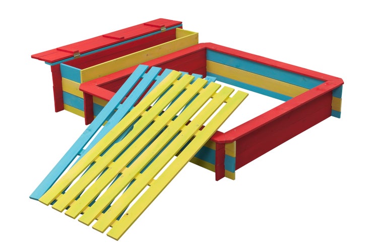 Sandkasten aus Holz mit Deckel und Sitzfläche