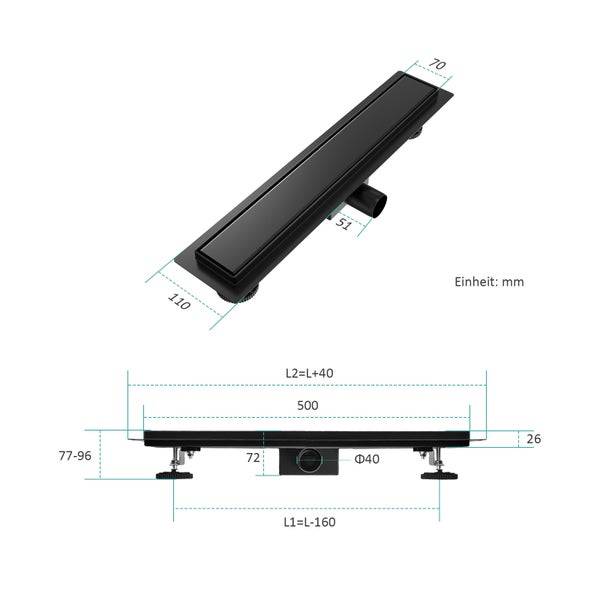 EMKE Duschrinne Edelstahl 2-in-1 Komplettse, 500mm, Befliesbar, Extra Flach, Schwarz mit Haarsieb und Siphon - Standardgröße Adapter 40/50mm, Einbauhöhe 77-96mm, Wasserdurchfluss 30L/Min.