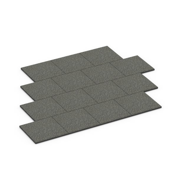 Quadratische Gummifliesen aus Granulat mit rauer Oberfläche, in versetztem Verband angeordnet.