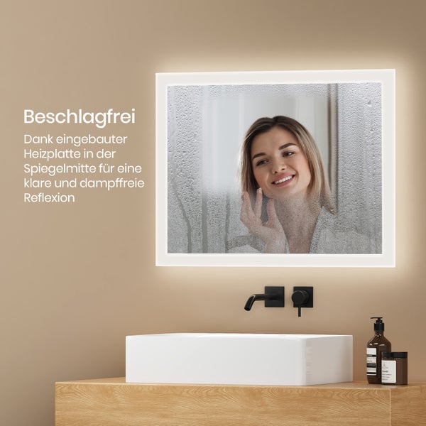 EMKE LED Badspiegel 60×45 cm, Warmweiß/Kaltweiß, seitlicher Kippschalter, beschlagfrei, IP44, mit mattiertem Rand, für Badezimmer