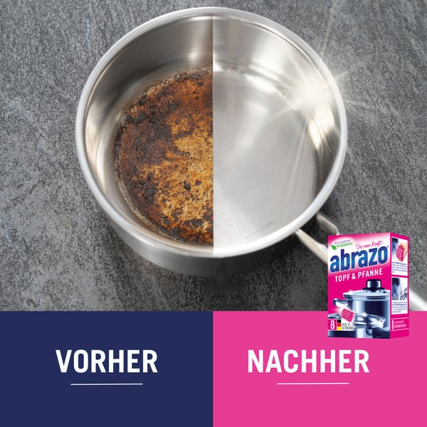 Vorher-Nachher-Vergleich eines verschmutzten und gereinigten Edelstahltopfs mit abrazo Topf und Pfanne Reinigungskissen.