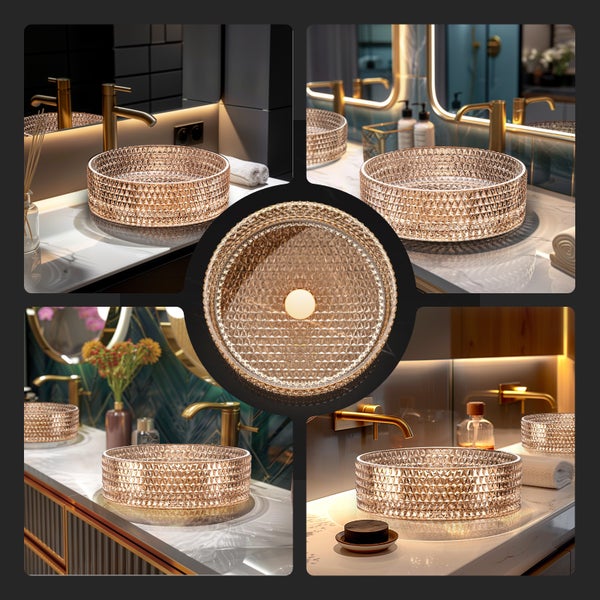 Collage mit einem runden Aufsatzwaschbecken im Badezimmer