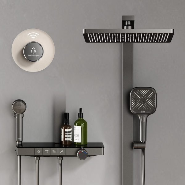 Modernes Duschsystem mit Regenduschkopf, Handbrause, Thermostat-Armatur mit Ablage und kabelloser Fernbedienung in Schwarz matt.