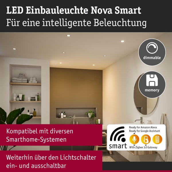 LED Einbaustrahler Nova Smart in einem Badezimmer mit dimmbarer Funktion und Speicherfunktion. Kompatibel mit verschiedenen Smart Home Systemen