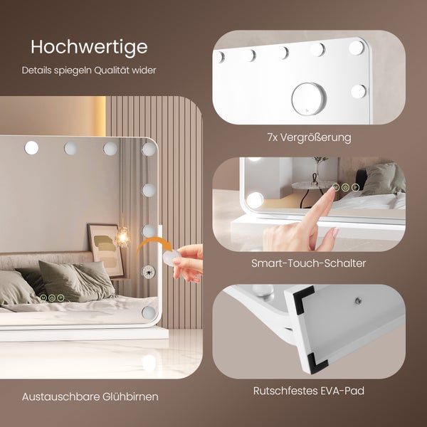 EMKE Hollywood Kosmetikspiegel mit Beleuchtung 600x516 mm, Tischspiegel mit Touchschalter, 14 dimmbare LEDs, 3 Lichtfarben, 7x Vergrößerung, Memory-Funktion, 360° drehbar, Weiß