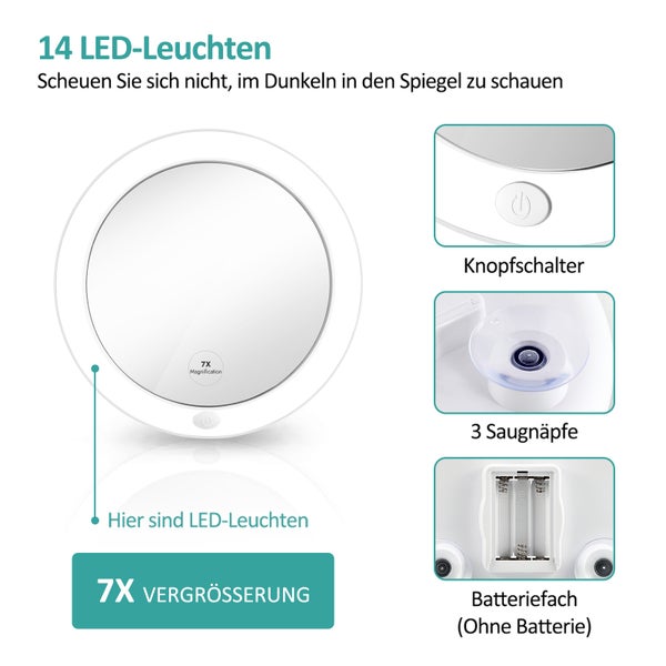 EMKE Runder Kosmetikspiegel mit Beleuchtung und 7-fach Vergrößerung, Makeupspiegel mit Knopfschalter, Batteriebetrieben, Ø16,5 cm, Weiß