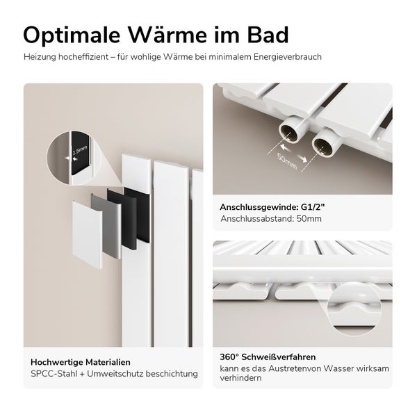 Details eines Badheizkörpers mit Informationen zu Materialien, Anschlüssen und Schweißverfahren