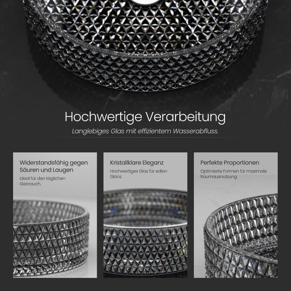 EMKE Aufsatzwaschbecken Ø36 cm, Crystal Glass, Rundes Waschbecken, Schwarz, Höhe 112 mm, Elektroplattiertes Design, Ohne Hahnloch, Modernes Badezimmer Waschtisch