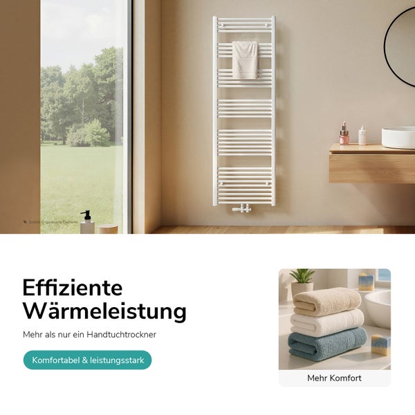 Moderner Badheizkörper mit Handtuchhalter an einer Wand in einem hellen, minimalistischen Badezimmer mit großem Fenster und Blick ins Grüne.