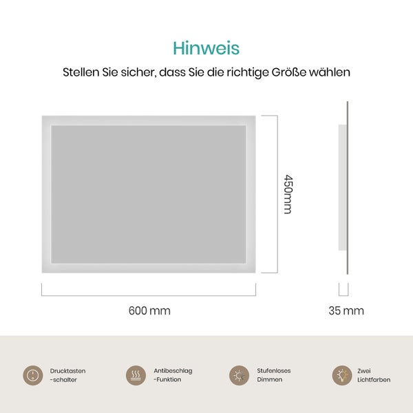 EMKE LED Badspiegel 60×45 cm, Warmweiß/Kaltweiß, seitlicher Kippschalter, beschlagfrei, IP44, mit mattiertem Rand, für Badezimmer