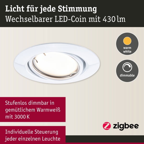 LED Einbauleuchte Smart Home Zigbee 3.0 Base Coin Basisset schwenkbar rund 90mm 20° Coin 3x4,9W 3x430lm 230V dimmbar 3000K Weiß