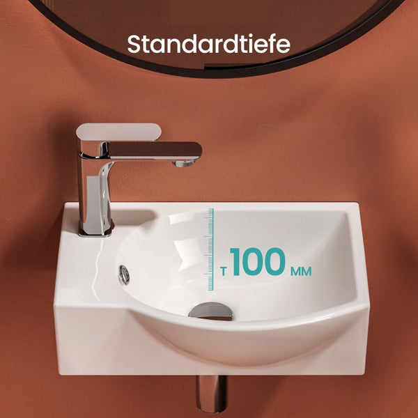 EMKE Handwaschbecken 405 x 280 mm, asymmetrisch, Keramik, mit Hahnloch links, glänzend weiß, kompaktes Hängewaschbecken für Gäste-WC, Höhe 140 mm, zur Wandmontage